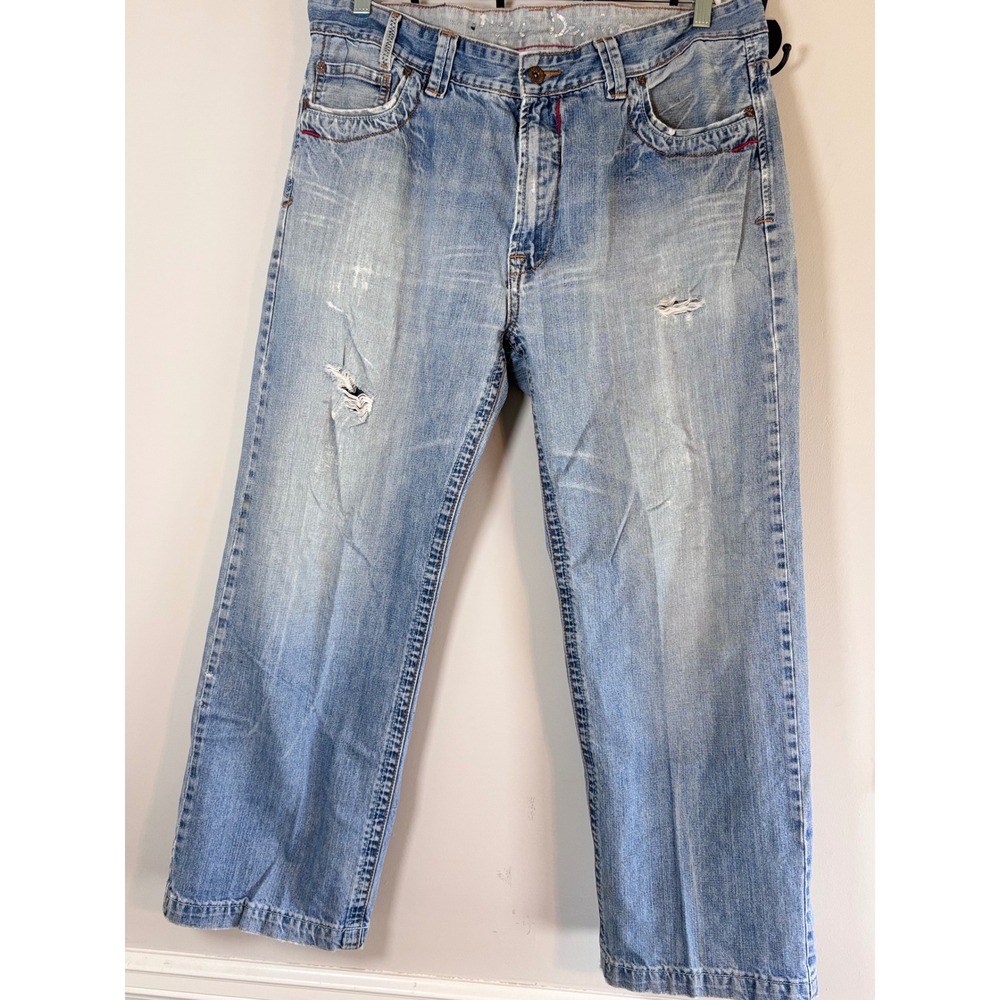 Pepe London Jeans Mens Light Wash Distressed Straight Leg Denim Blue 37x29